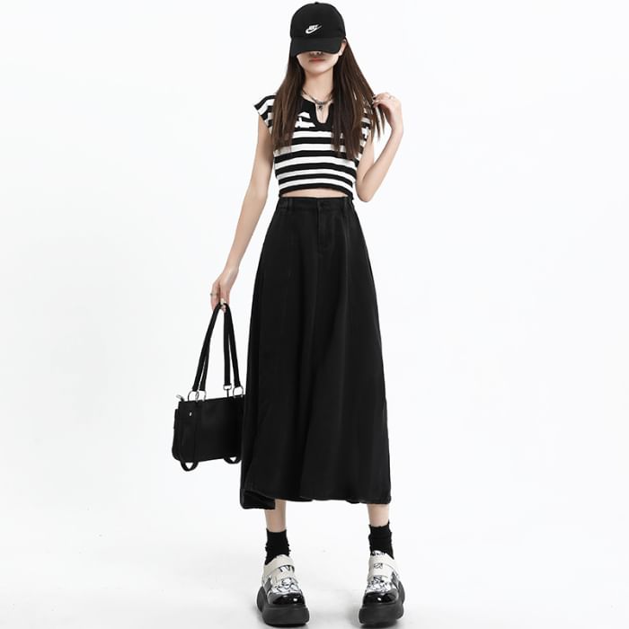 Denim A-Line Midi Skirt with High Rise and Plain Style