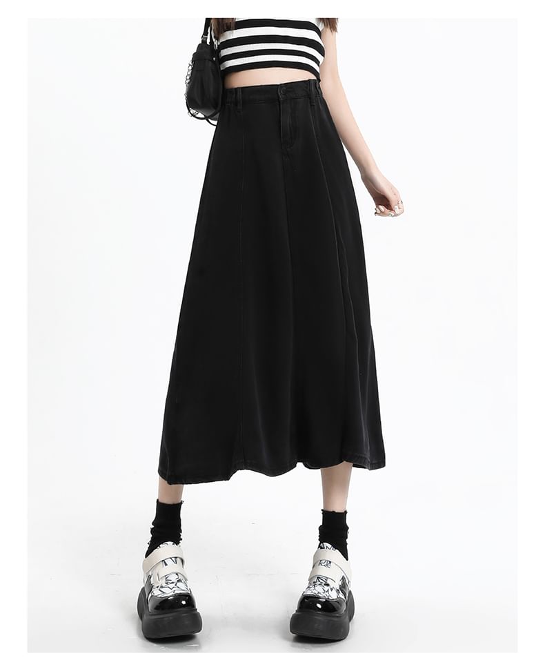 Denim A-Line Midi Skirt with High Rise and Plain Style