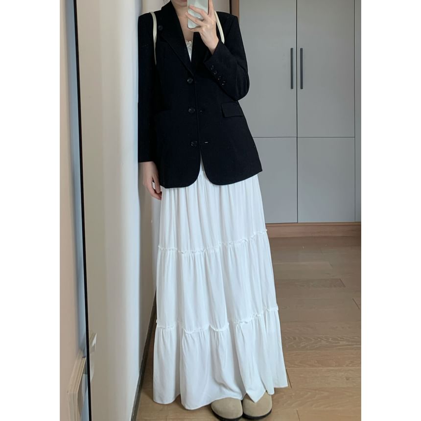 Plain Tiered Flared Midi Skirt with Stretchy Waistband