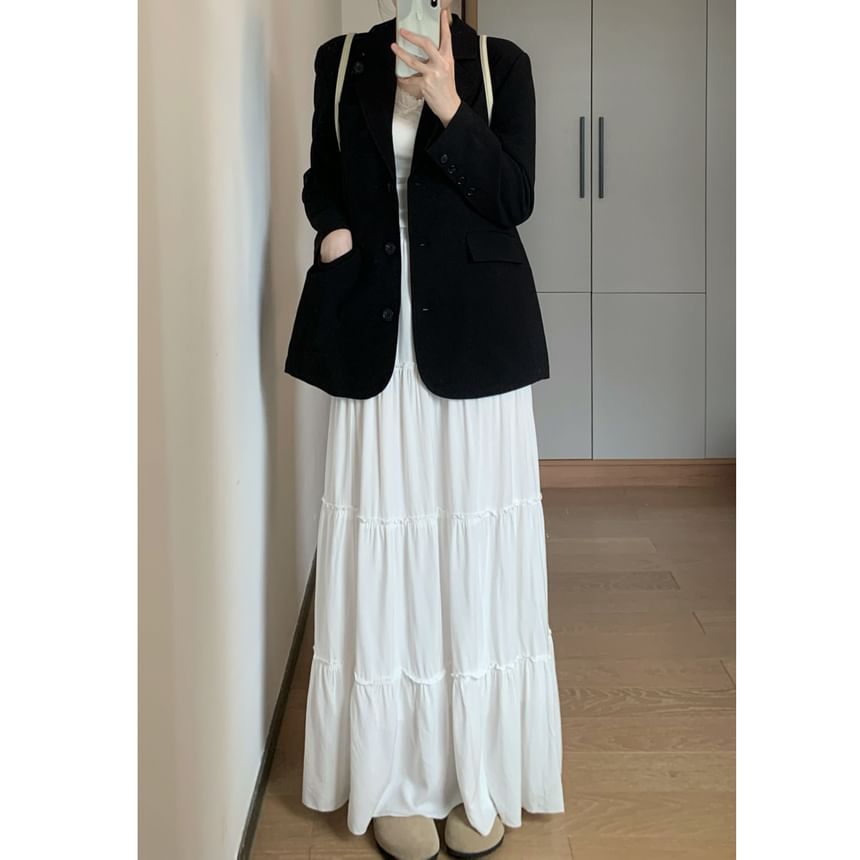 Plain Tiered Flared Midi Skirt with Stretchy Waistband