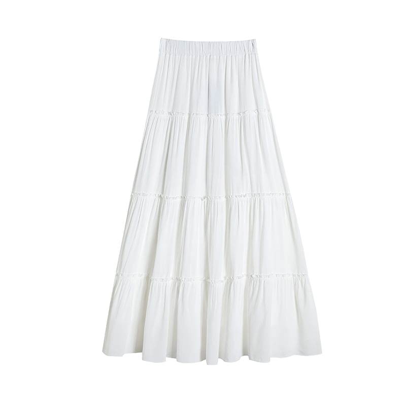 Plain Tiered Flared Midi Skirt with Stretchy Waistband
