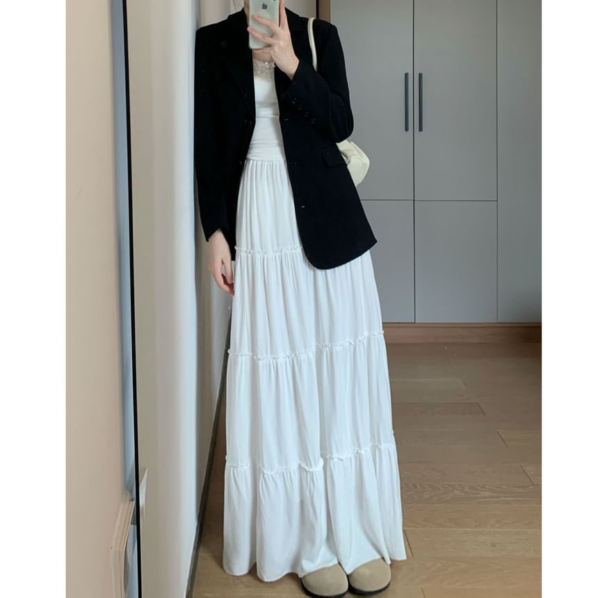 Plain Tiered Flared Midi Skirt with Stretchy Waistband