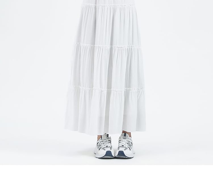 Plain Tiered Flared Midi Skirt with Stretchy Waistband