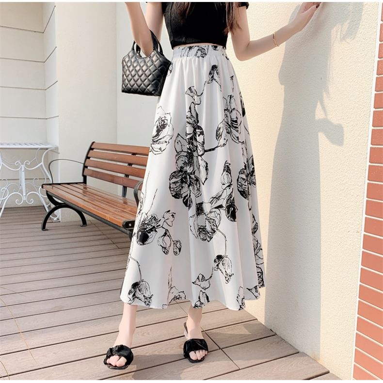 Skirt Waist A-Line Midi Floral Elastic