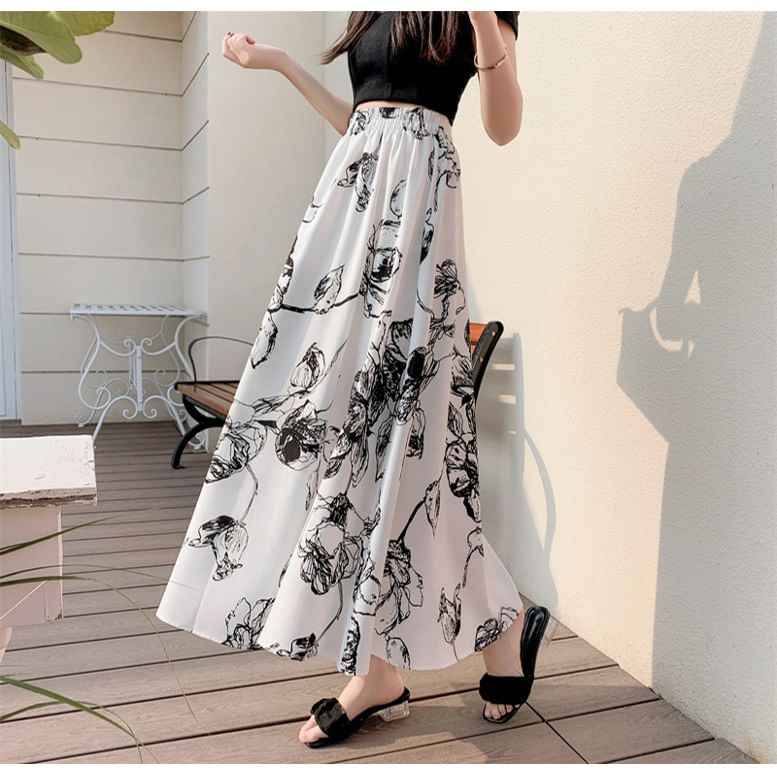 Skirt Waist A-Line Midi Floral Elastic