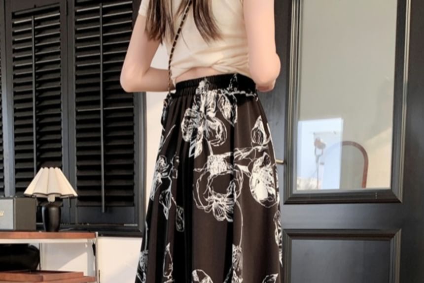 Skirt Waist A-Line Midi Floral Elastic