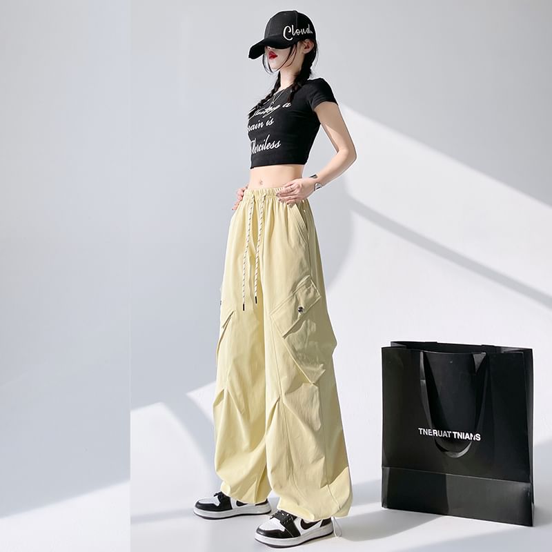 Plain Cargo Wide Waist Leg Pants Drawstring