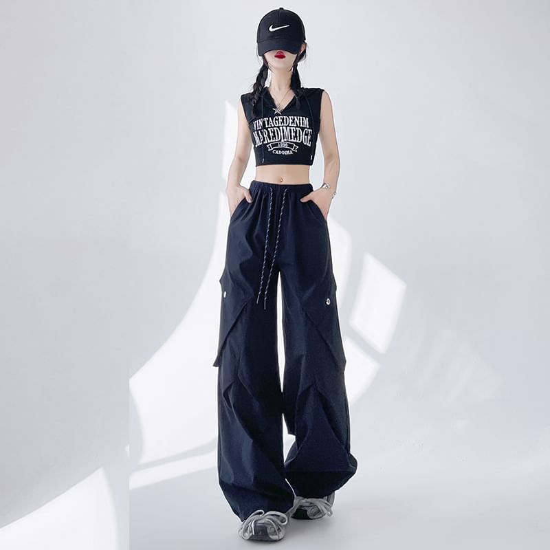 Plain Cargo Wide Waist Leg Pants Drawstring