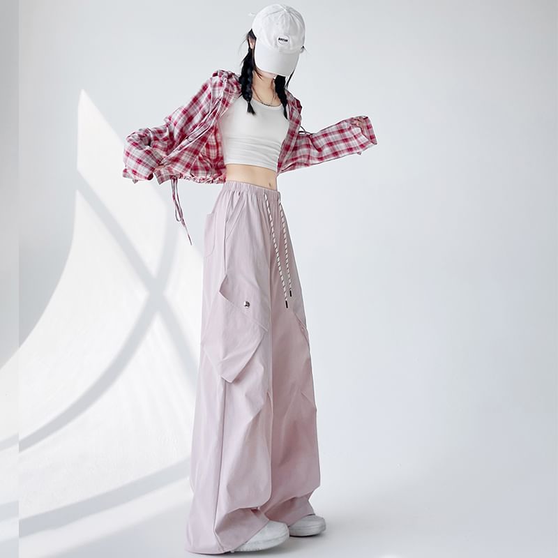 Plain Cargo Wide Waist Leg Pants Drawstring
