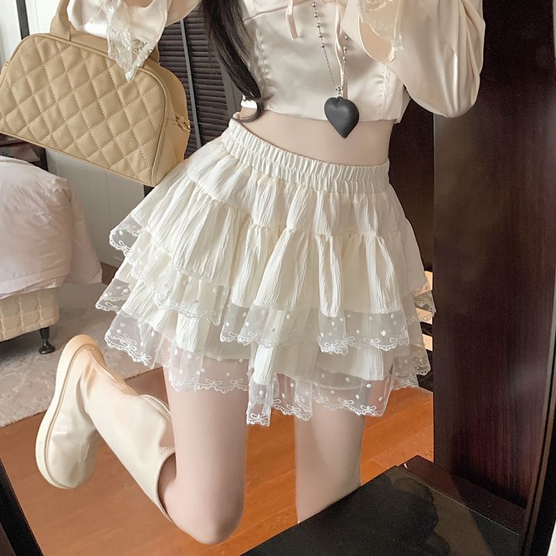 Lace Trim A-Line Tiered Skirt Mini Waist Plain Elastic