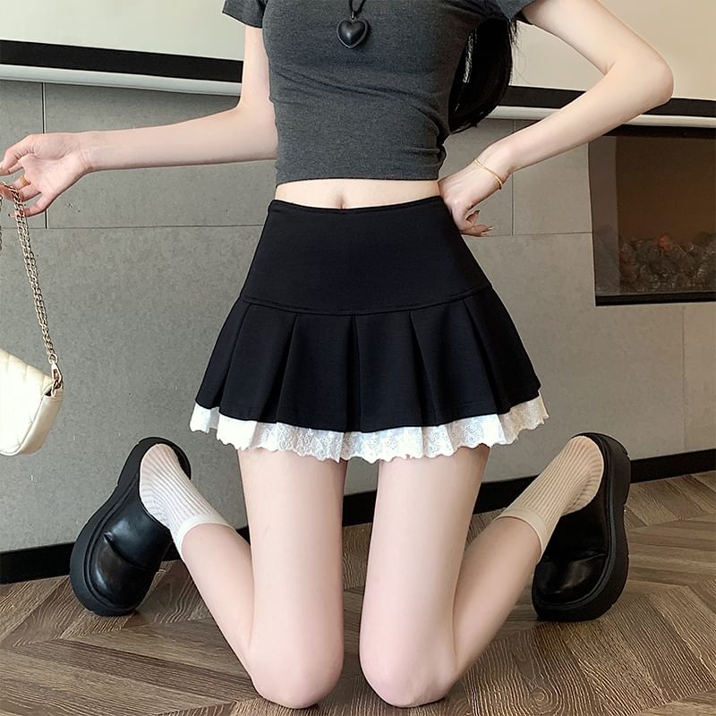 Pleated High Waist Trim Skort Lace