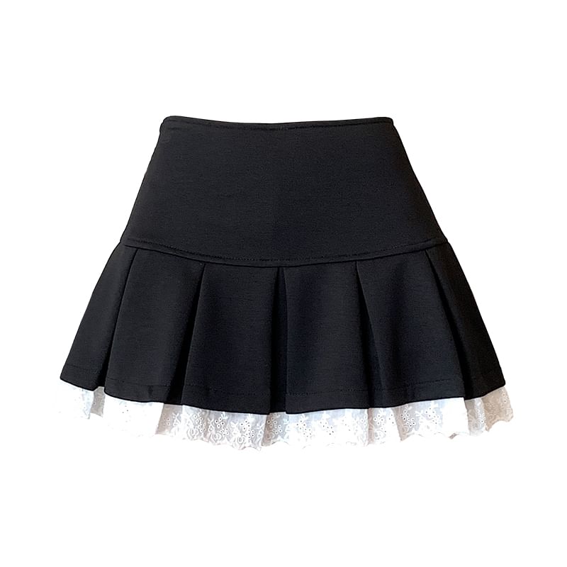 Pleated High Waist Trim Skort Lace