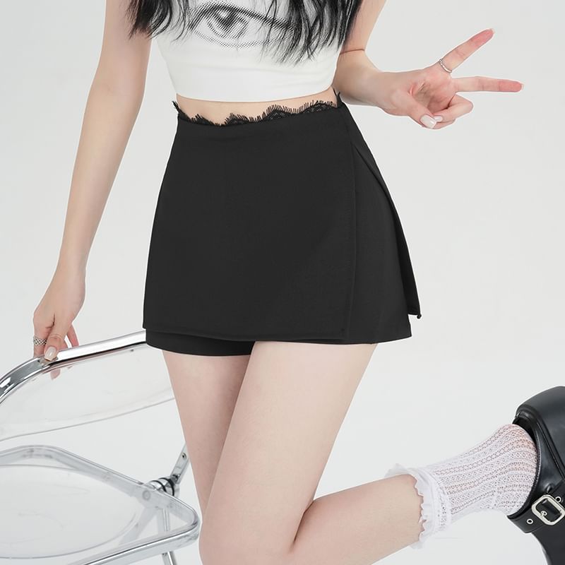 Waist Lace Trim Skort High Slit