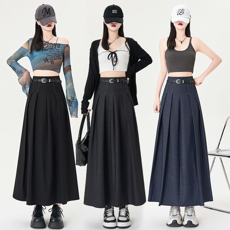 Pleated Denim Flared Midi Skirt with High Waist