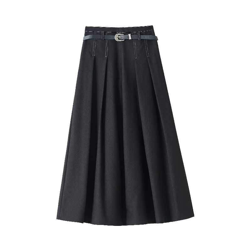 Pleated Denim Flared Midi Skirt with High Waist