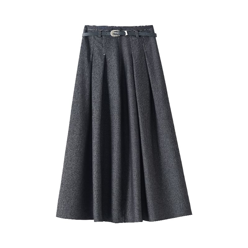 Pleated Denim Flared Midi Skirt with High Waist