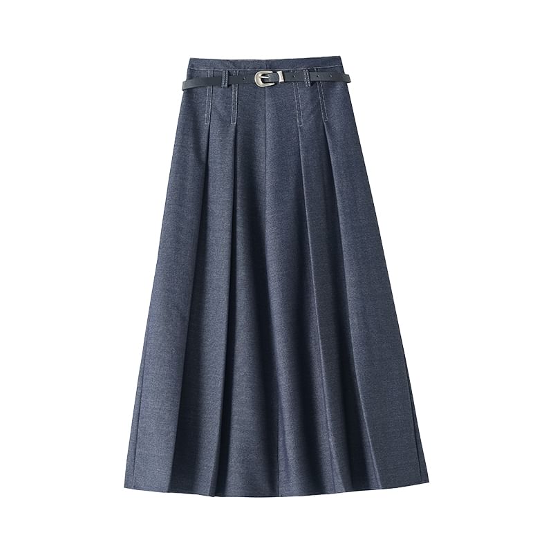 Pleated Denim Flared Midi Skirt with High Waist