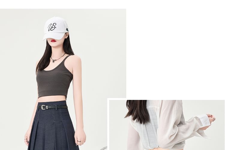 Pleated Denim Flared Midi Skirt with High Waist