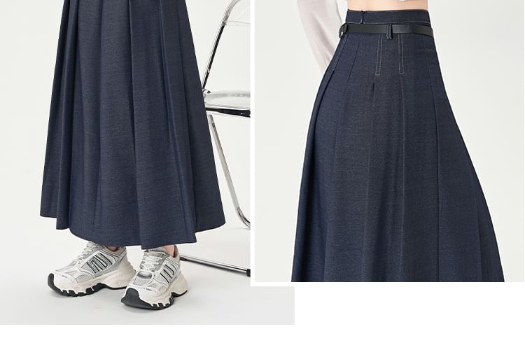 Pleated Denim Flared Midi Skirt with High Waist