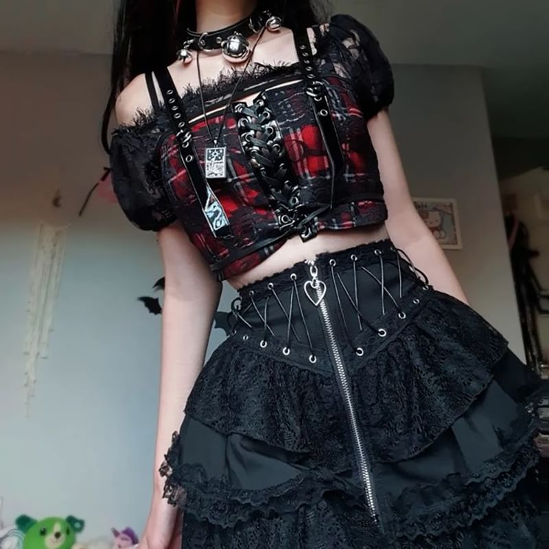 Layered Mini Flared Skirt with Lace Panels and Lace-Up High Rise