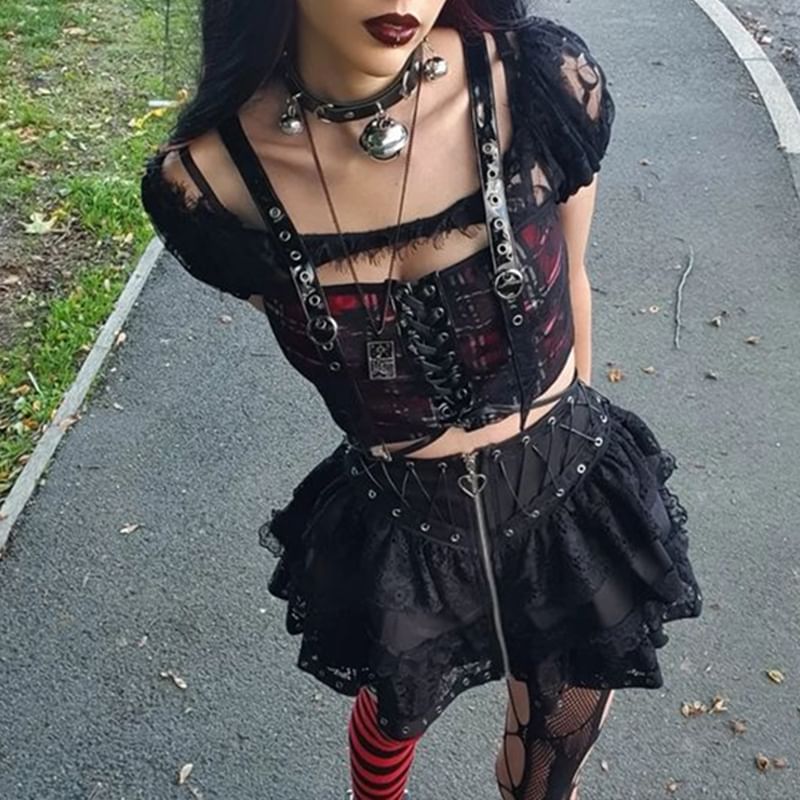 Layered Mini Flared Skirt with Lace Panels and Lace-Up High Rise