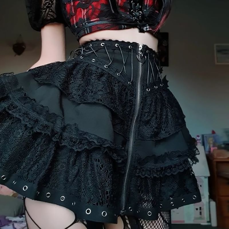 Layered Mini Flared Skirt with Lace Panels and Lace-Up High Rise