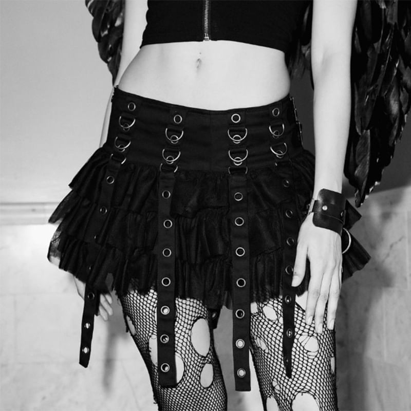 Layered Mini Flared Skirt with Grommet Straps and Low Waist