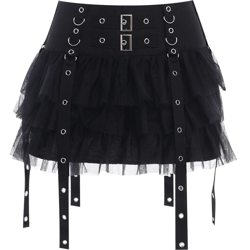 Layered Mini Flared Skirt with Grommet Straps and Low Waist
