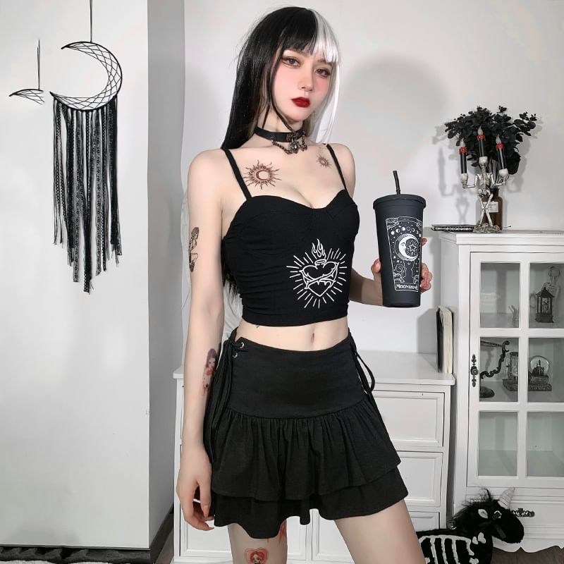 Layered Mini Flared Skirt with Side Lace-Up and High Waist