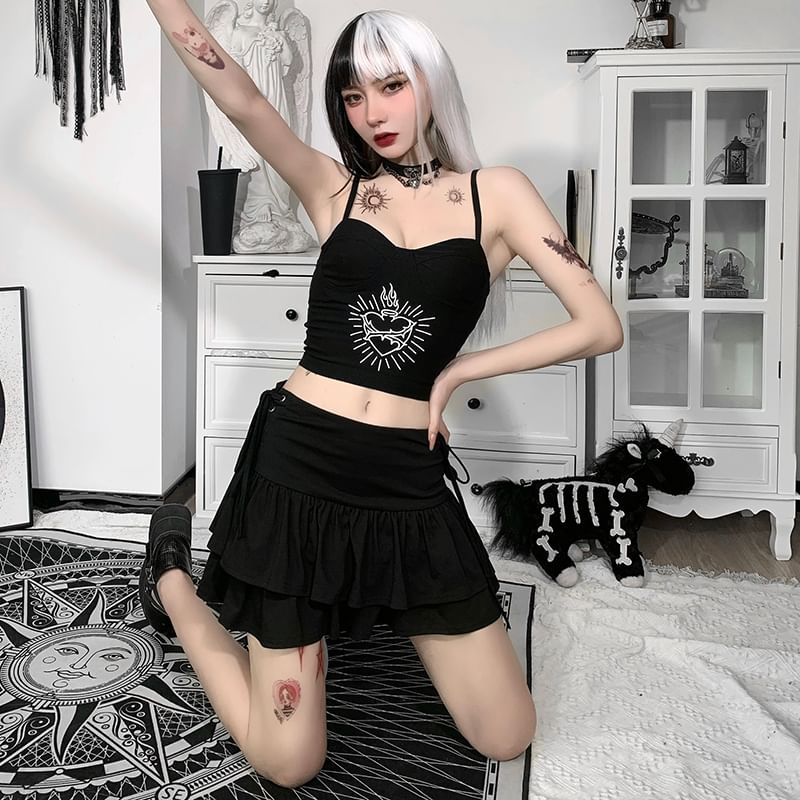Layered Mini Flared Skirt with Side Lace-Up and High Waist