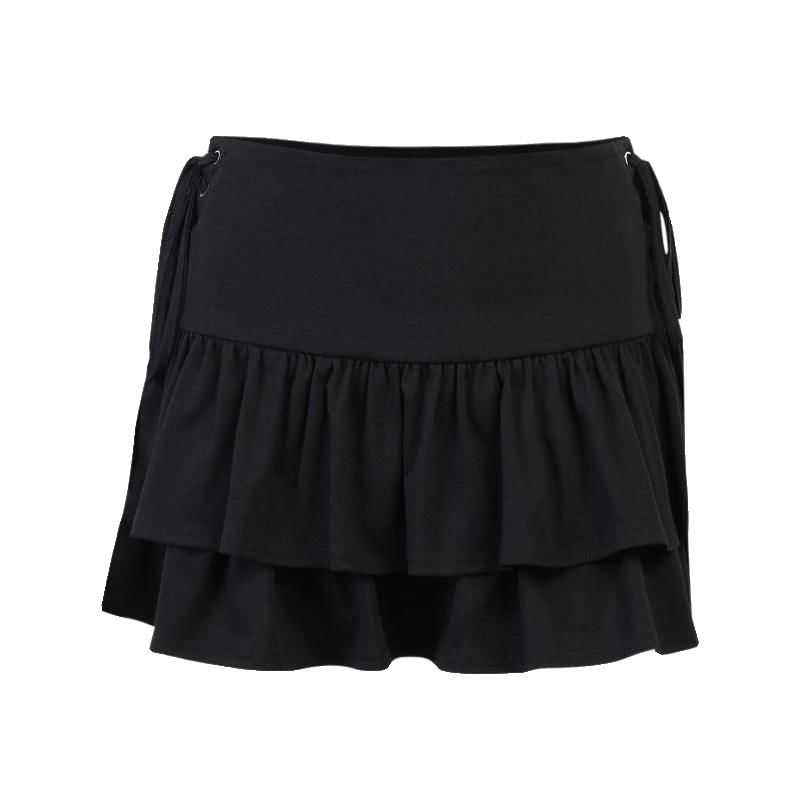 Layered Mini Flared Skirt with Side Lace-Up and High Waist