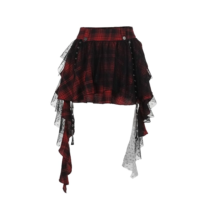 Plaid Mini Flared Skirt with Lace Ruffles and High Rise
