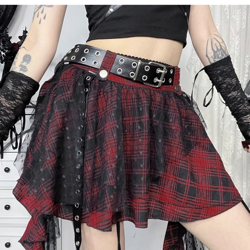 Plaid Mini Flared Skirt with Lace Ruffles and High Rise