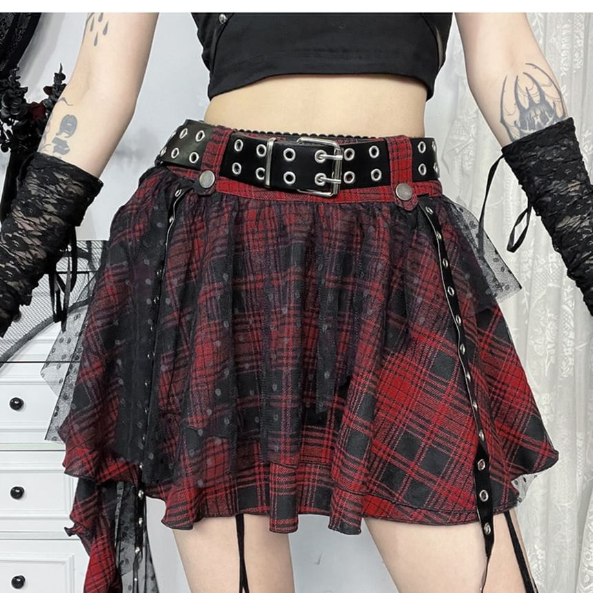 Plaid Mini Flared Skirt with Lace Ruffles and High Rise