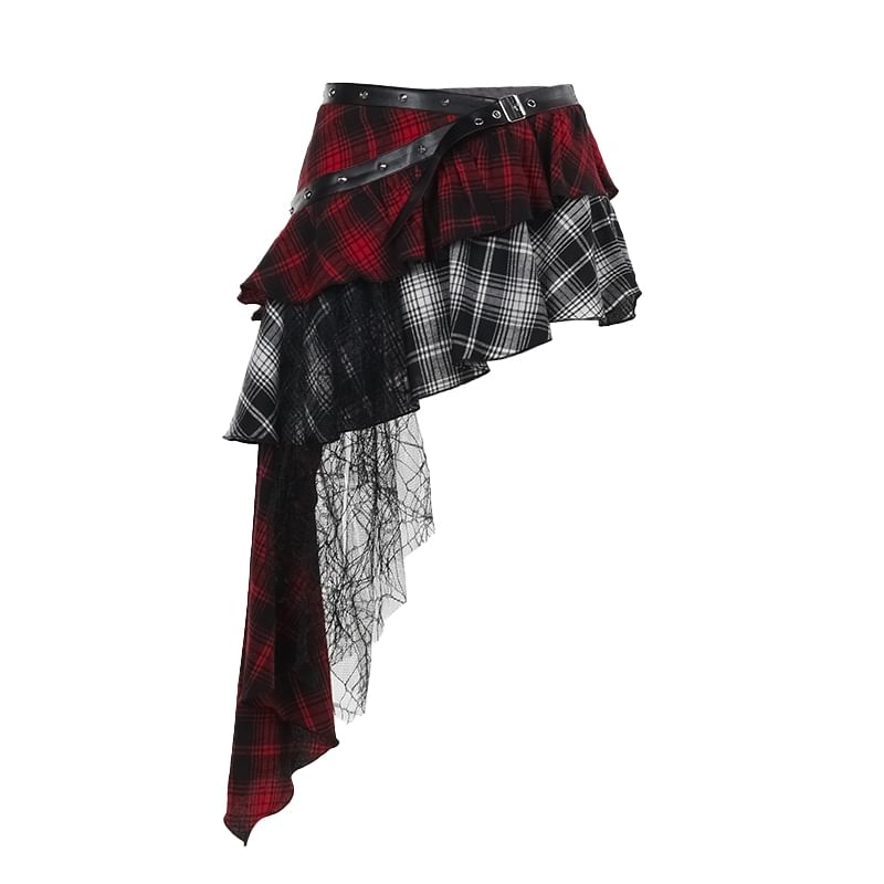 Asymmetric Plaid Midi Flared Skirt with Paneled Design and Low Rise