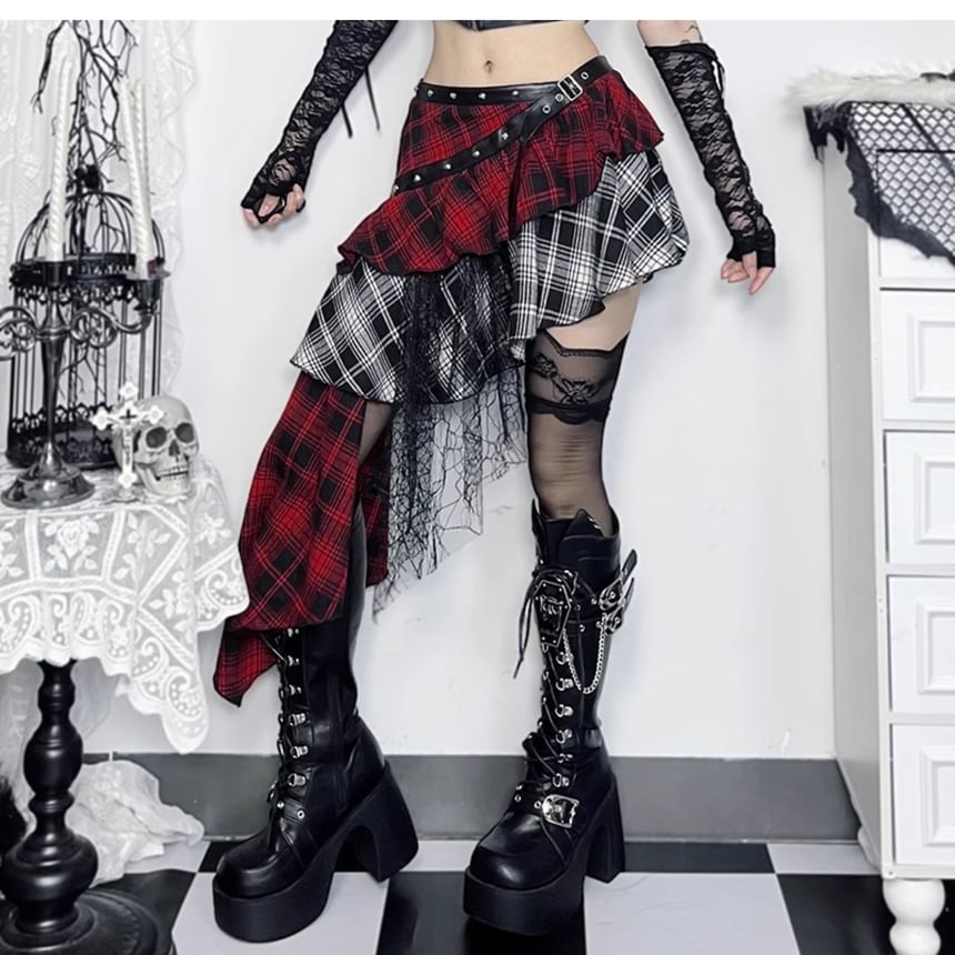 Asymmetric Plaid Midi Flared Skirt with Paneled Design and Low Rise