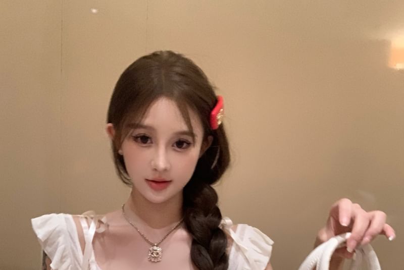 Cap-Sleeve Ruffle Scoop Lace Cami Neck Trim Tee Plain Cropped V-Neck Top /