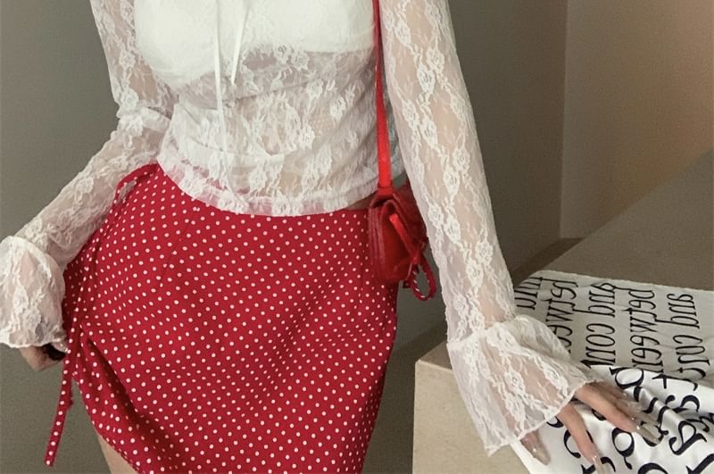 Floral Crop Long Lace V-Neck See-Through Top Sleeve