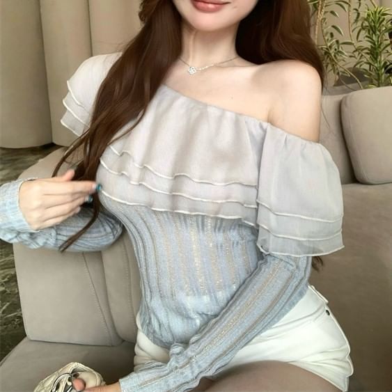 One Plain Top Glitter Long-Sleeve Shoulder Crop Trim Ruffle