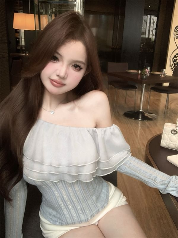 One Plain Top Glitter Long-Sleeve Shoulder Crop Trim Ruffle