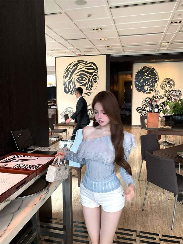 One Plain Top Glitter Long-Sleeve Shoulder Crop Trim Ruffle