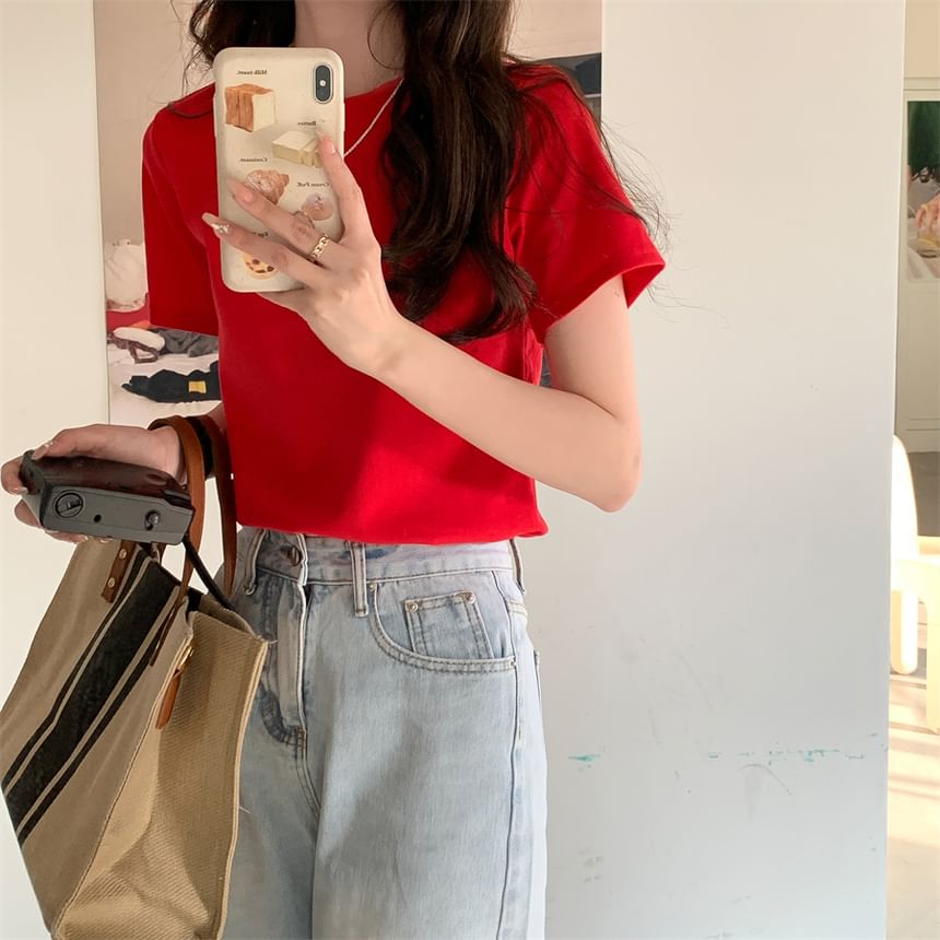 T-Shirt Plain Crewneck Crop Short-Sleeve