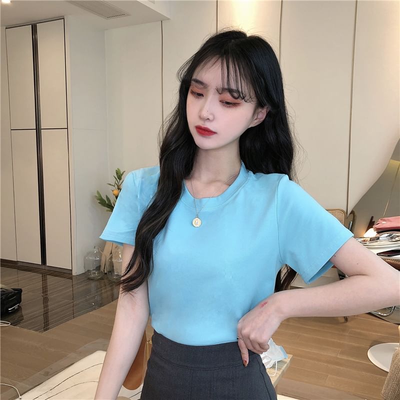 T-Shirt Plain Crewneck Crop Short-Sleeve
