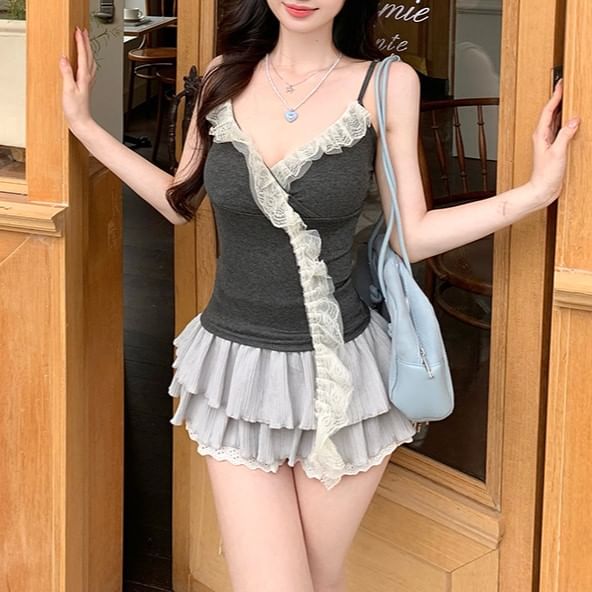 Panel Ruffle Camisole Top V-Neck