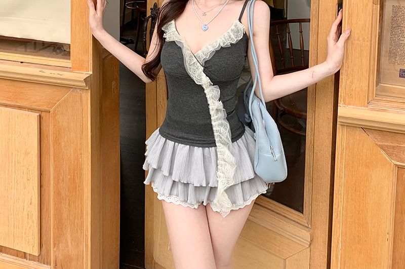 Panel Ruffle Camisole Top V-Neck