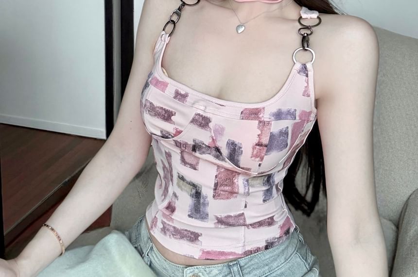 Print Buckle Patterned Top Neck Square Tank
