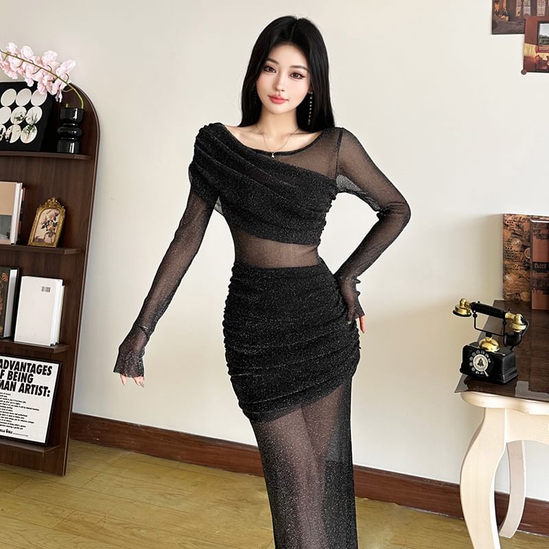 Long Sleeve Boat Neck Glitter Ruched Panel Mesh Maxi Sheath