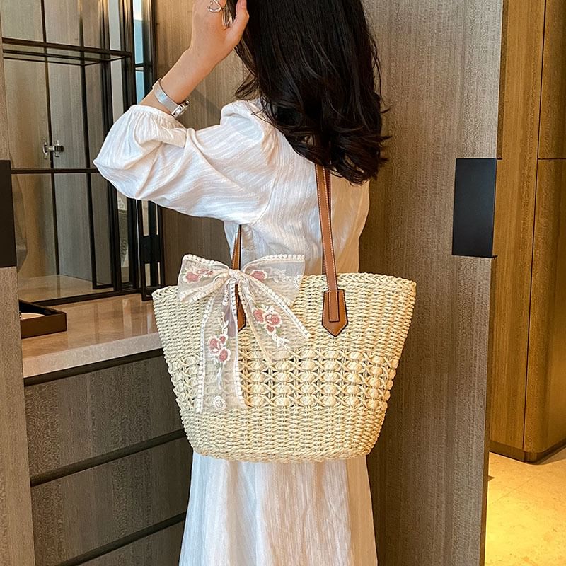 Bag Embroidered Bow Lace Tote Floral Woven