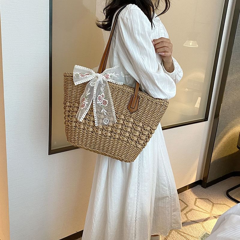 Bag Embroidered Bow Lace Tote Floral Woven