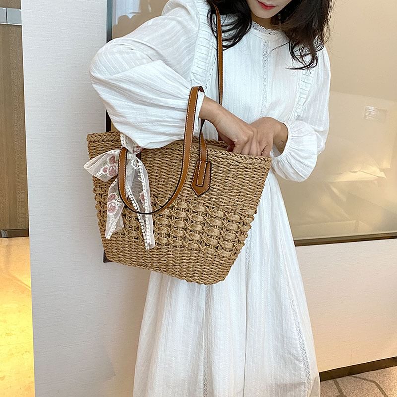 Bag Embroidered Bow Lace Tote Floral Woven